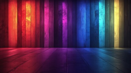 Colorful wooden plank wall with vivid vertical stripes in an empty room