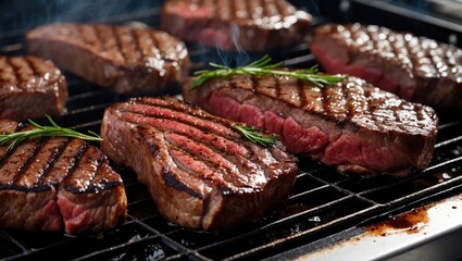 Grilled beef steaks with grill marks and fresh rosemary on a barbecue grill with smoke. High-quality food photography.