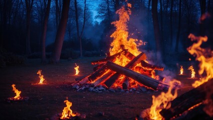 Campfire burning brightly at night surrounded by trees with glowing flames and embers in a serene outdoor setting