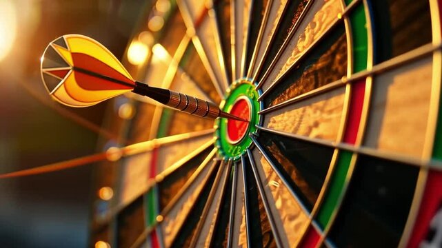 This video showcases a dartboard with a dart hitting the center. It symbolizes focus and success. Ideal for sports and motivation themes. Generative AI