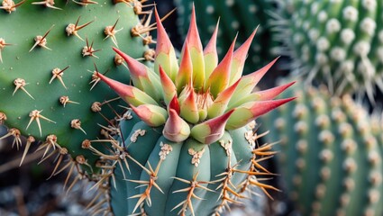 Close-up view of colorful cactus with spiky green needles and vibrant pink and green tips against blurred background of similar cacti