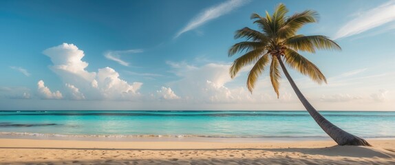 Tropical beach landscape with a leaning palm tree, white sandy shore and calm turquoise ocean under a clear sky with clouds.