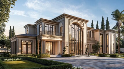 Luxurious modern mansion with large windows and symmetrical architecture in sunlit garden setting