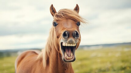 A horse making a goofy face, sticking its teeth out while shaking its head.