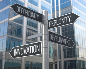 Fototapeta premium A modern business signpost with directional arrows pointing to 