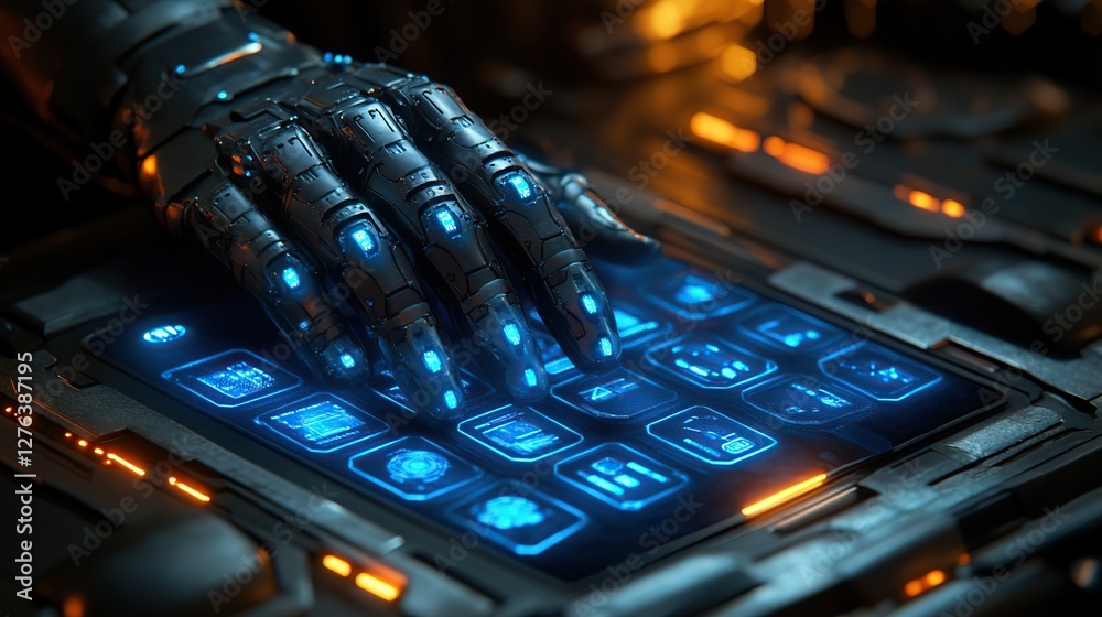 Poster futuristic robotic hand interacting with a glowing touchscreen interface in a high-tech environment
