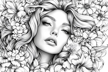 Fototapeta premium Immersed in floral beauty, a young woman with flowing hair blends seamlessly with various blooms in a monochromatic composition