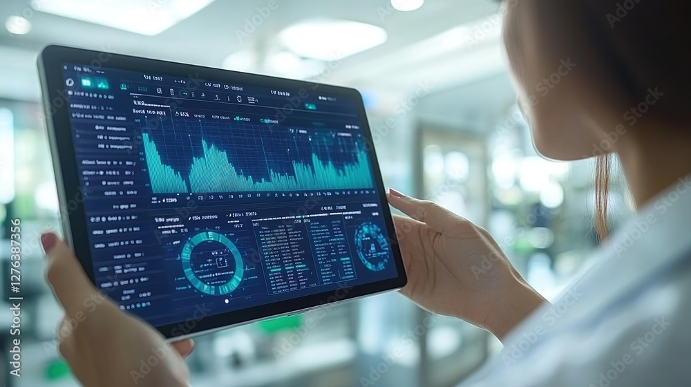 Poster person analyzing data on a tablet in a modern workspace with graphs and metrics displayed prominentl