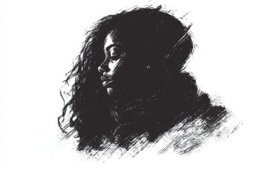 Profile of a woman with curly hair wearing a scarf, capturing a moment of reflection and serenity