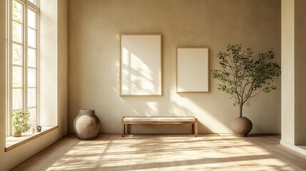 Serene and Peaceful Interior Featuring Three Empty Frames Awaiting Ar