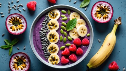 Smoothie bowl topped with banana slices, raspberries, green pumpkin seeds, and passion fruit on a blue background