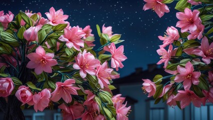 Fototapeta premium Pink cherry blossoms in full bloom against a night sky filled with stars, residential buildings softly blurred in the background.