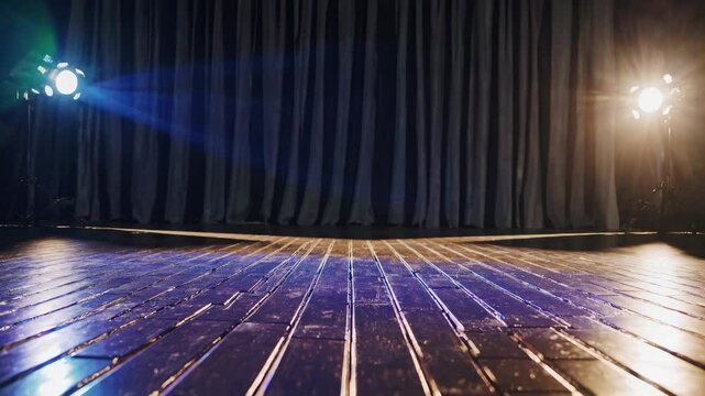 Low-angle video shot of an empty stage with dramatic lighting, focusing on wooden floorboards and dark curtains, creating a theatrical ambiance.