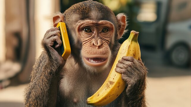 A monkey holding a banana like a phone, looking frustrated as if it's on an important call.