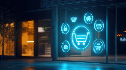 Digital shopping experience retail storefront visual display urban environment nighttime view e-commerce innovation