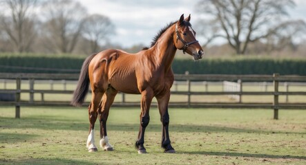 Brown horse standing on green pasture in front of wooden fence with trees in the background on a cloudy day