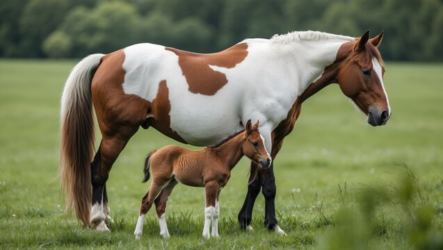 Brown and white paint horse standing in a green field with its foal beside it on a sunny day