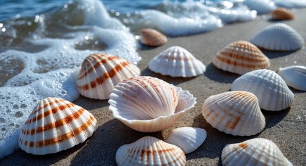 Seashells with orange stripes on sandy beach close to ocean waves under sunlight in a coastal environment