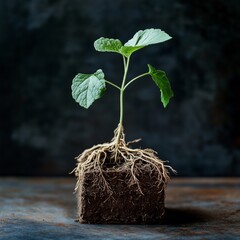 Young Plant With Exposed Cubic Roots On Dark Background