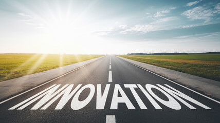 A straight open road leading into the horizon with the word "INNOVATION" written across it, symbolizing progress, new beginnings, and opportunities ahead.