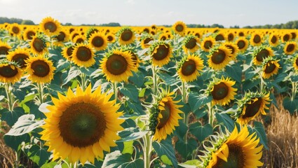 Fototapeta premium Field of vibrant sunflowers in full bloom under a clear blue sky with green foliage surrounding the bright yellow flowers