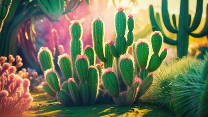 Colorful desert scene featuring various types of cacti and succulents bathed in warm sunlight and vibrant colors