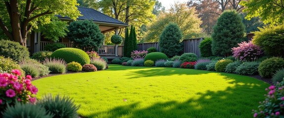 Obraz premium Lush green manicured garden with colorful flowers and ornamental shrubs in a residential backyard on a sunny day