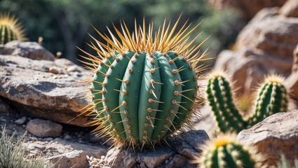 Cactus with prominent spines on rocky terrain surrounded by other cacti in natural desert environment during daylight
