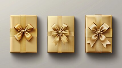 Set of four gold gift boxes with ribbons, isolated on transparent background for festive use.