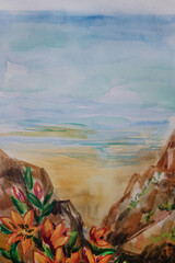 Marine landscape view from mountains. Nature watercolor illustration with space for text