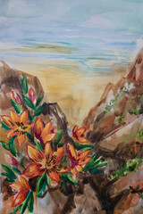 Nature watercolor illustration with space for text. Wild flowers in mountains.