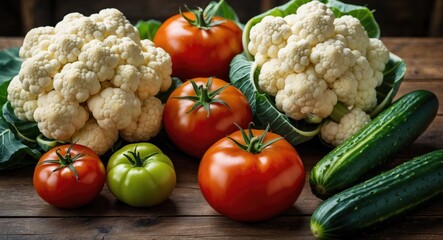 Fresh vegetables including cauliflower, tomatoes, and cucumbers arranged on rustic wooden surface with natural lighting