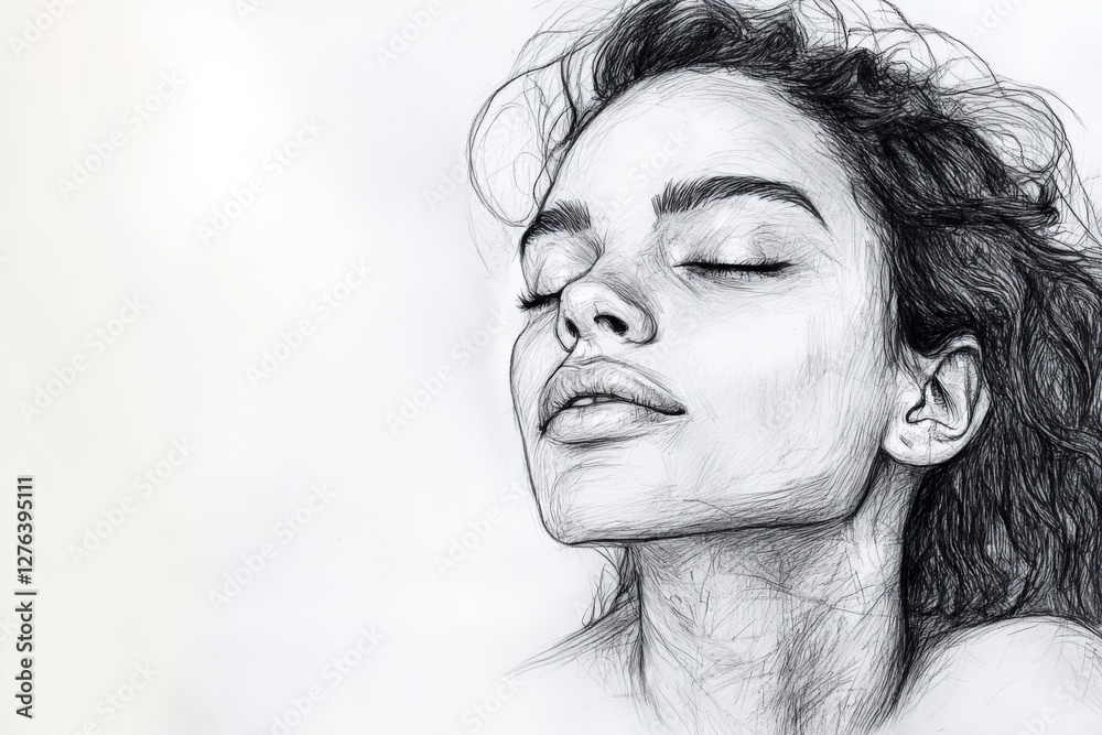 Aufkleber woman with closed eyes enjoys a moment of tranquility in a minimalist artistic sketch without backgr