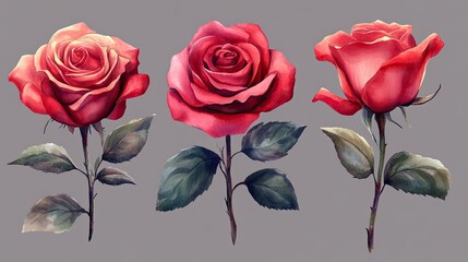 Set of red rose flowers in watercolor, isolated on transparent background for romantic visuals. 