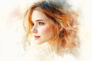 Profile of a young woman with flowing hair and a soft artistic background during a serene moment