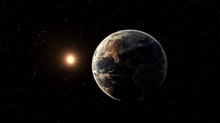 Obraz premium Earth From Space With Sun And Stars, 3D Render. Exploration Of The Universe Concept.