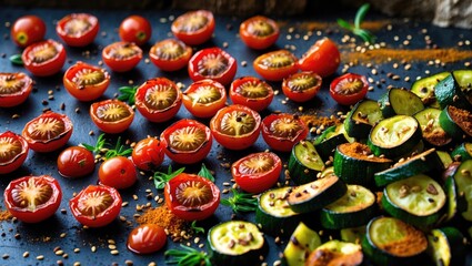 Fototapeta premium Fresh sliced vegetables including red tomatoes and green zucchinis arranged on a dark surface with spices and herbs scattered around.