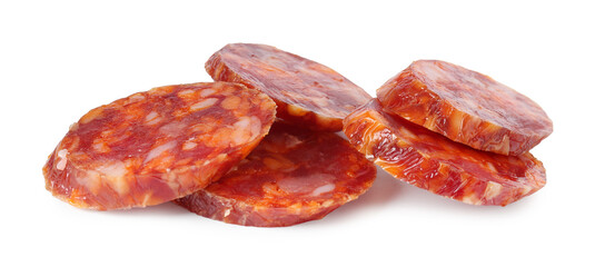 Pieces of delicious dry cured sausage isolated on white