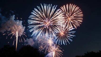 Obraz premium Colorful fireworks display against dark night sky with smoke and bursts of light in various shapes and sizes.