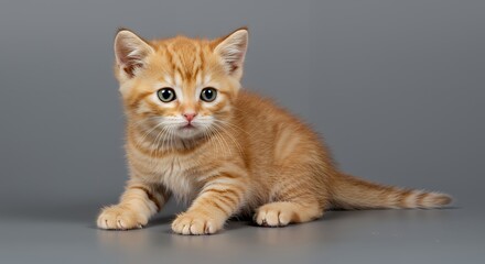 Obraz premium Cute Ginger Kitten Posing on Gray Background Looking at Camera