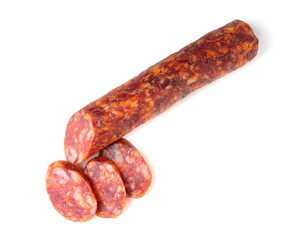 Delicious dry cured sausage isolated on white, top view