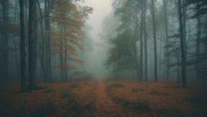 Obraz premium Foggy forest landscape with tall trees and autumn leaves covering the ground, creating a mystical and tranquil atmosphere
