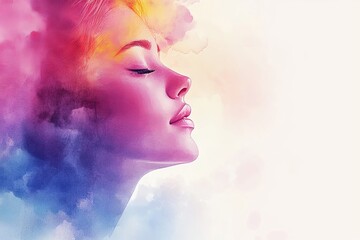 Fototapeta premium Colorful artistic portrait of a serene woman with abstract cloud-like elements surrounding her face showcasing vibrant hues