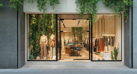 Elegant contemporary clothing store facade with lush greenery and stylish apparel in a modern urban setting