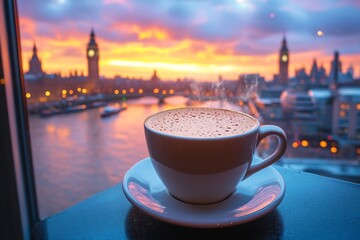 Enjoying coffee with a stunning sunset view over the Thames River in London