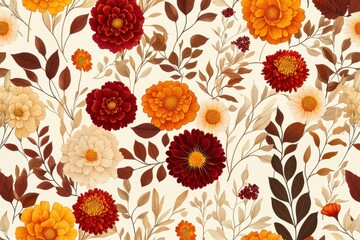 An intricate floral pattern featuring autumnal Chrysanthemums, stylized foliage, and delicate stems, presented on an elegant background for textile designs.