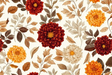 Intricate autumn floral pattern with chrysanthemums and leaves in warm, earthy tones, creating a rich, natural design suitable for textile and wallpaper applications with vintage charm.