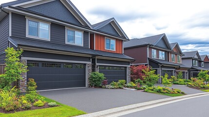 Colorful townhouses, modern exteriors, manicured landscaping, residential neighborhood
