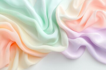 Fototapeta premium Delicate pastel waves of soft silk fabric, creating an ethereal and dreamy texture on a clean white surface, ideal for artistic and creative projects.