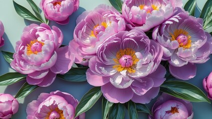 Fototapeta premium Pink peony flowers with lush green leaves arranged in an elegant manner on a soft blue background
